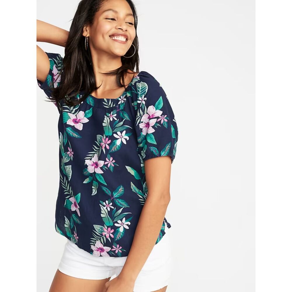 OLD NAVY Floral Print Jewel Neck Lantern Sleeve Blouse Top Cottagecore Sz M